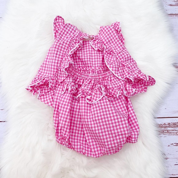 Ralph Lauren Pink Gingham Apron Bubble Romper | 6M - Picture 3 of 6